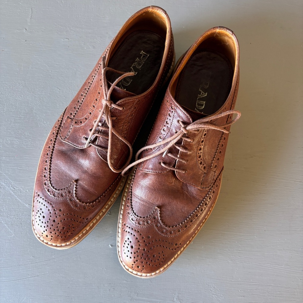 Prada Men's Brown Leather Wingtip Shoes with Striped Platform Sole - Picture 8 of 13